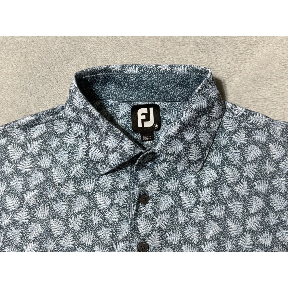 FootJoy Polo Shirt Mens Medium Blue Leaf Golf Performance AOP Preppy Resort